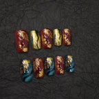 Press-On Nail Set Floral Leaf Gold Accents Glue-Free 24-Piece