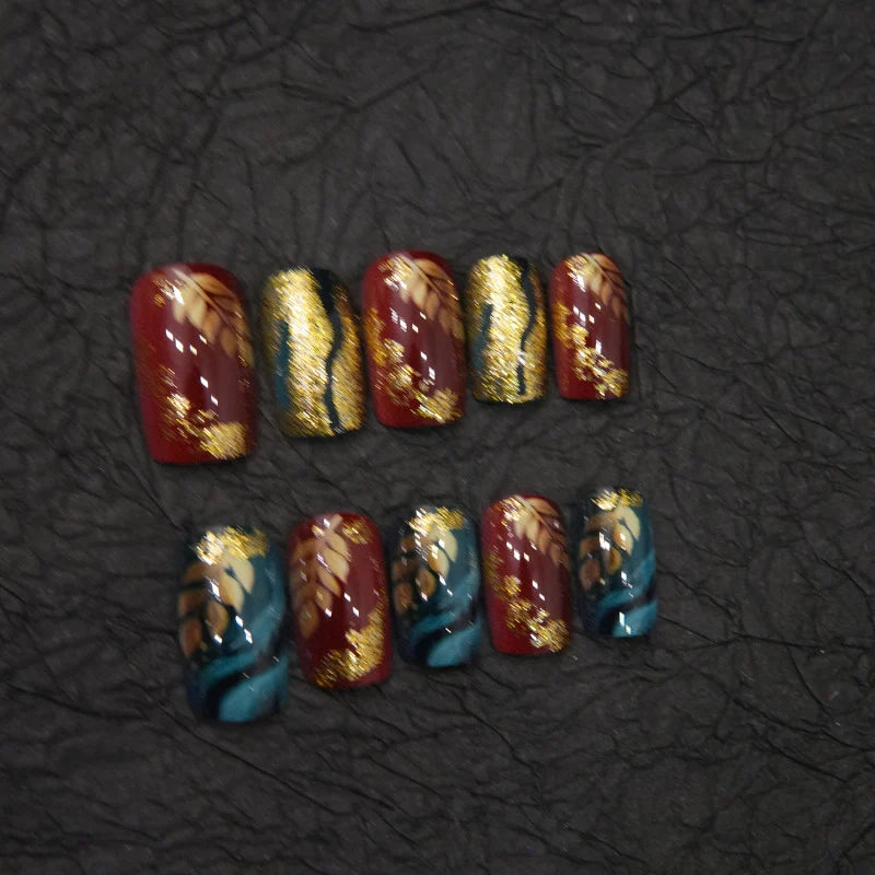 Press-On Nail Set Floral Leaf Gold Accents Glue-Free 24-Piece