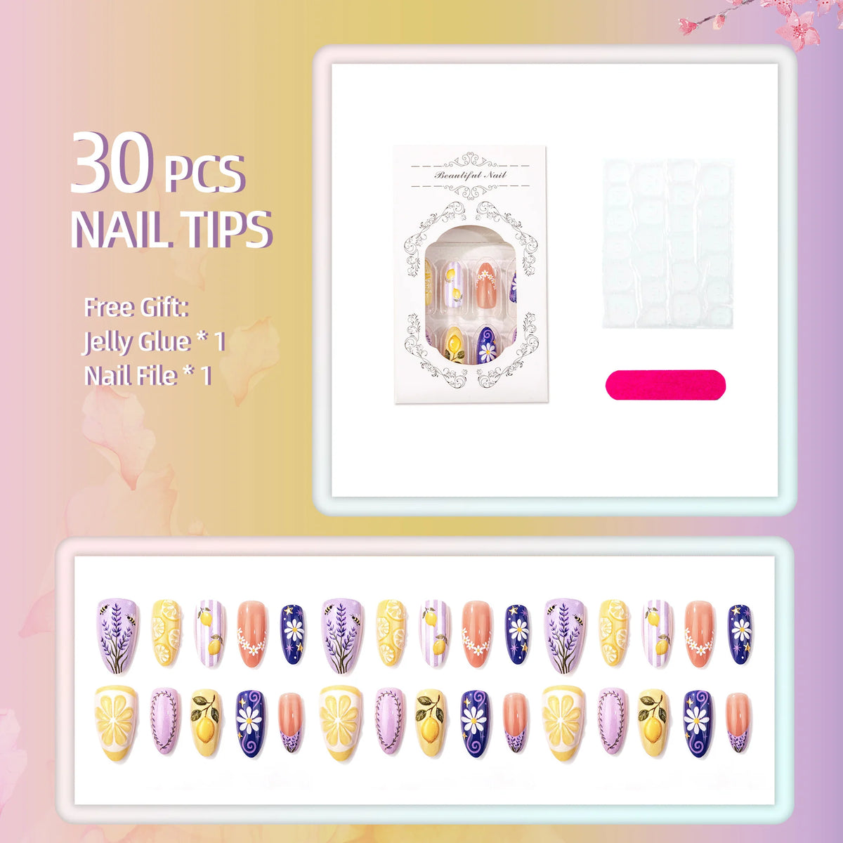 Press-On Nail Set Floral & Lemon Easy Stick-On