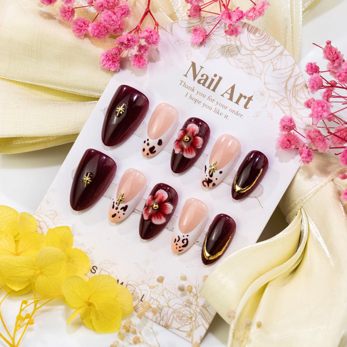 Press-On Nail Set Floral & Leopard Long-Lasting