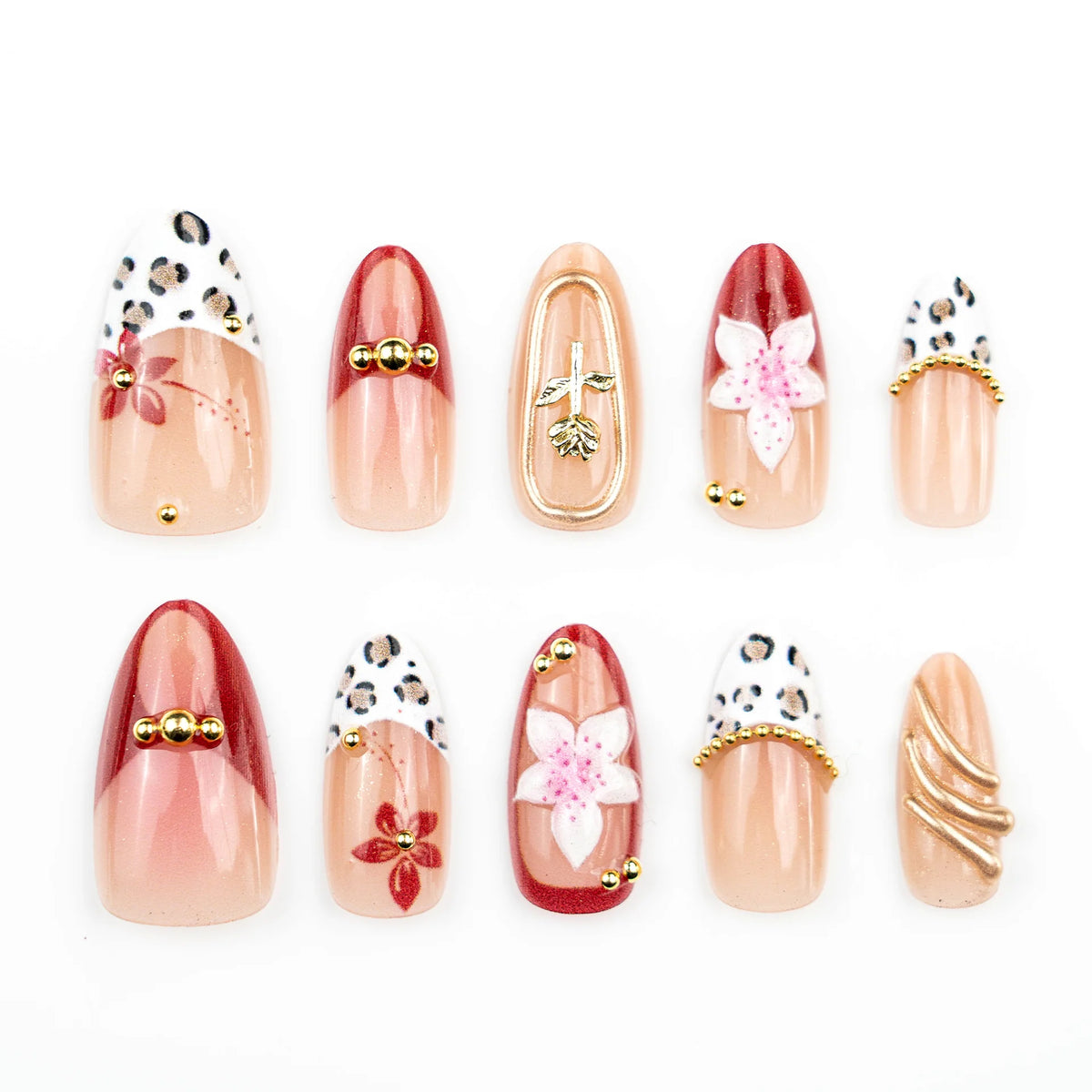 Press-On Nail Set Floral & Leopard Patterns Strong Adhesive