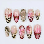 Press-On Nail Set Floral & Leopard Patterns Strong Adhesive