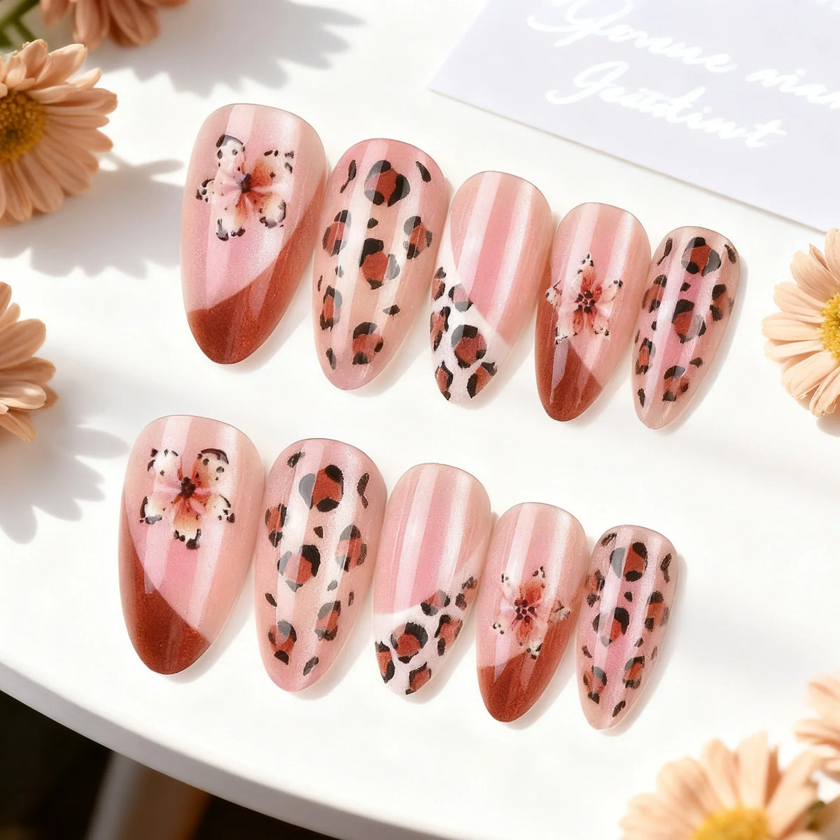 Press-On Nail Set Floral & Leopard Peel-On Adhesive