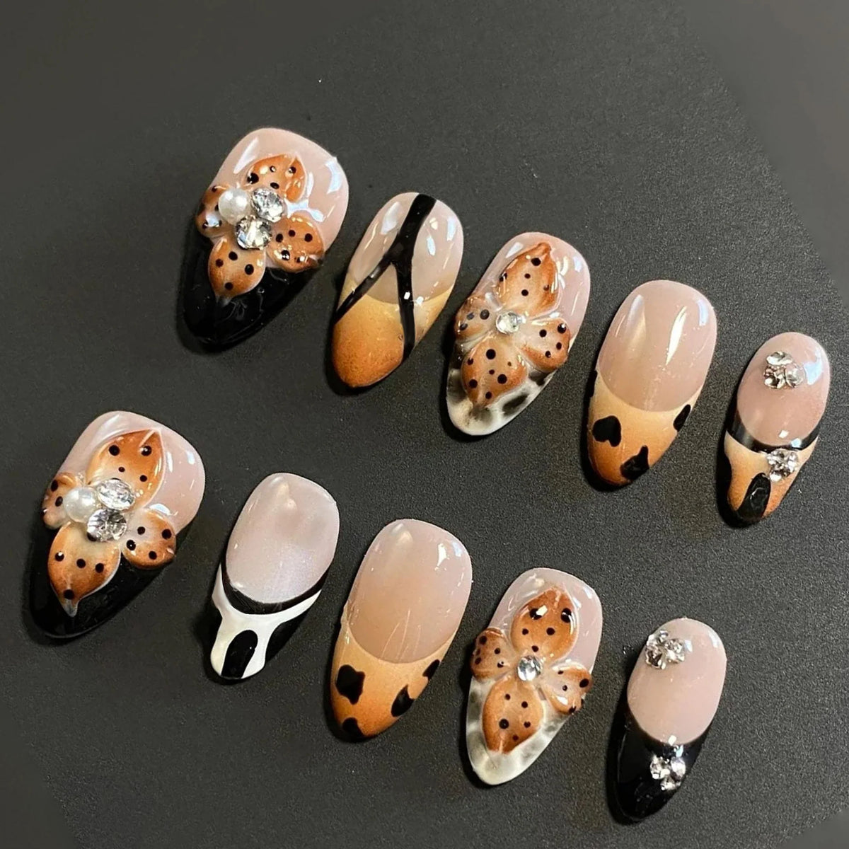 Press-On Nail Set Floral & Leopard Reusable No Glue