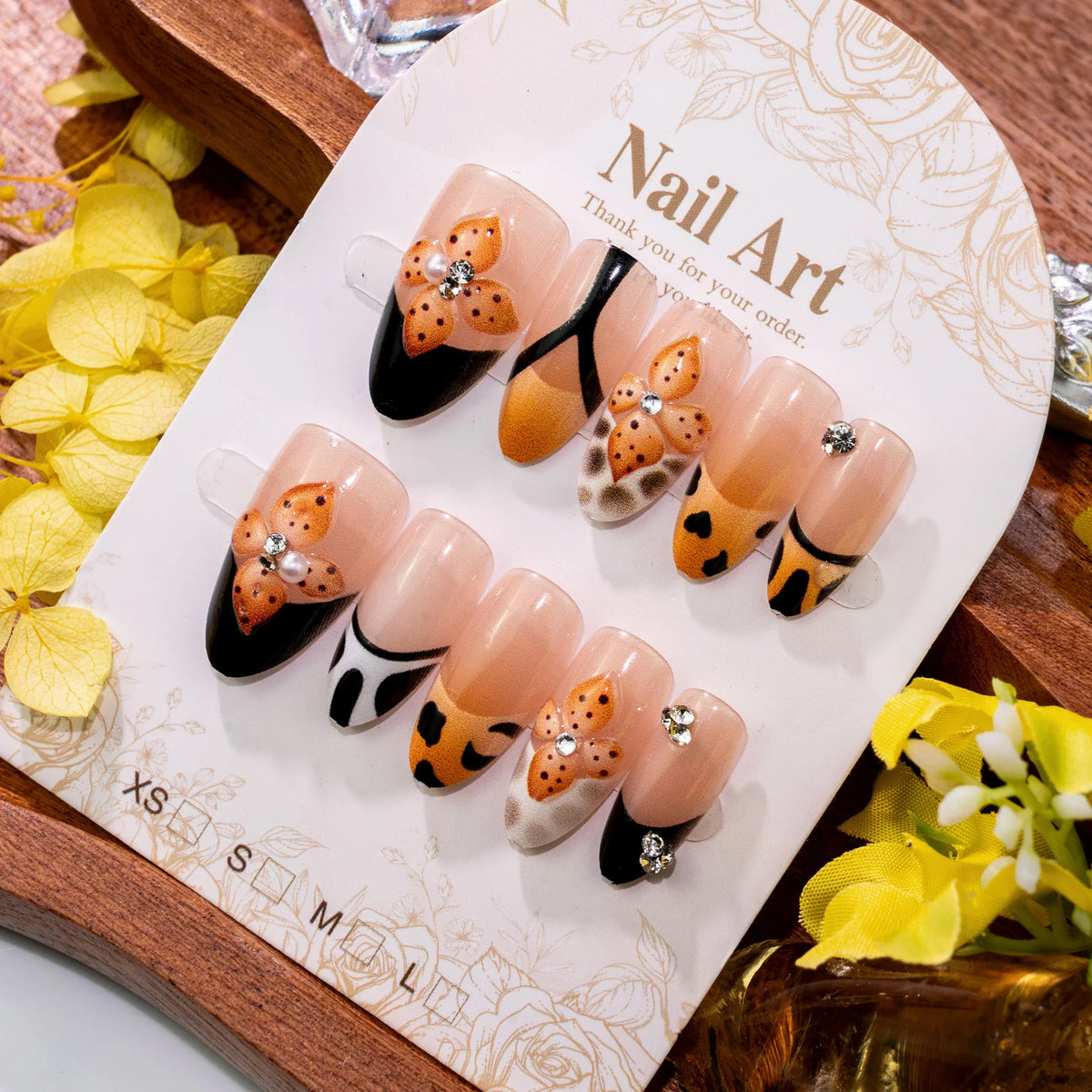 Press-On Nail Set Floral & Leopard Reusable No Glue