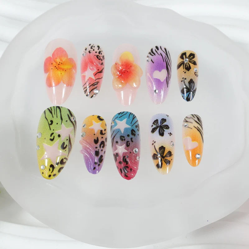 Press-On Nail Set Floral & Leopard Sparkling Accents Comfortable Fit