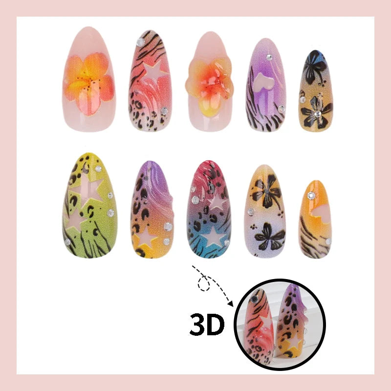 Press-On Nail Set Floral & Leopard Sparkling Accents Comfortable Fit