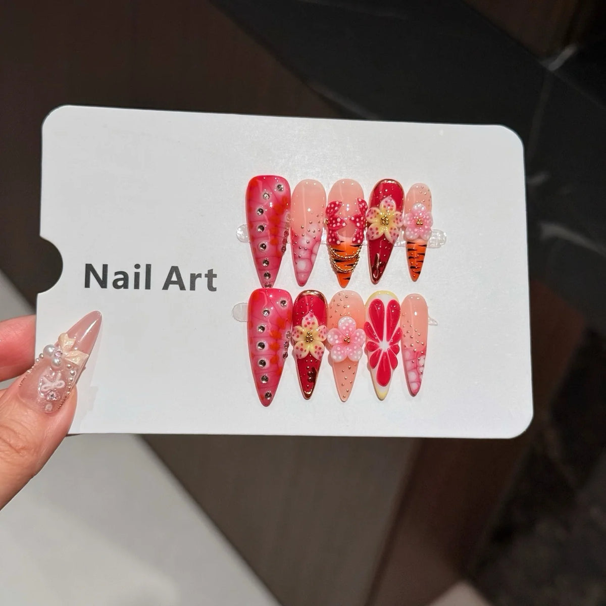 Press-On Nail Set Floral Long Almond Reusable