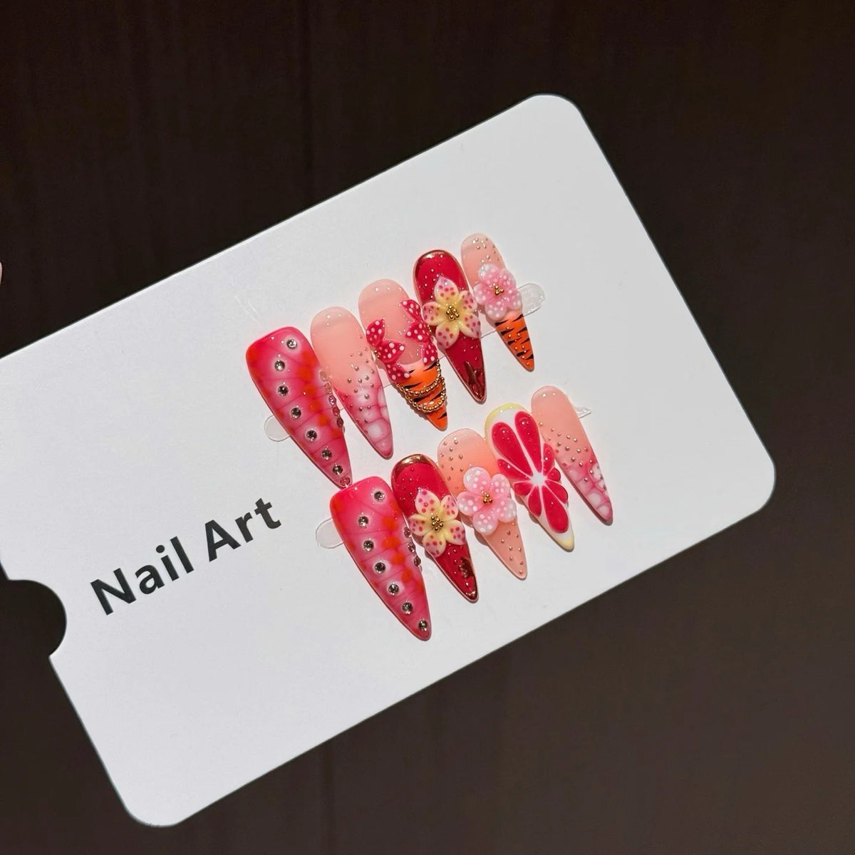 Press-On Nail Set Floral Long Almond Reusable