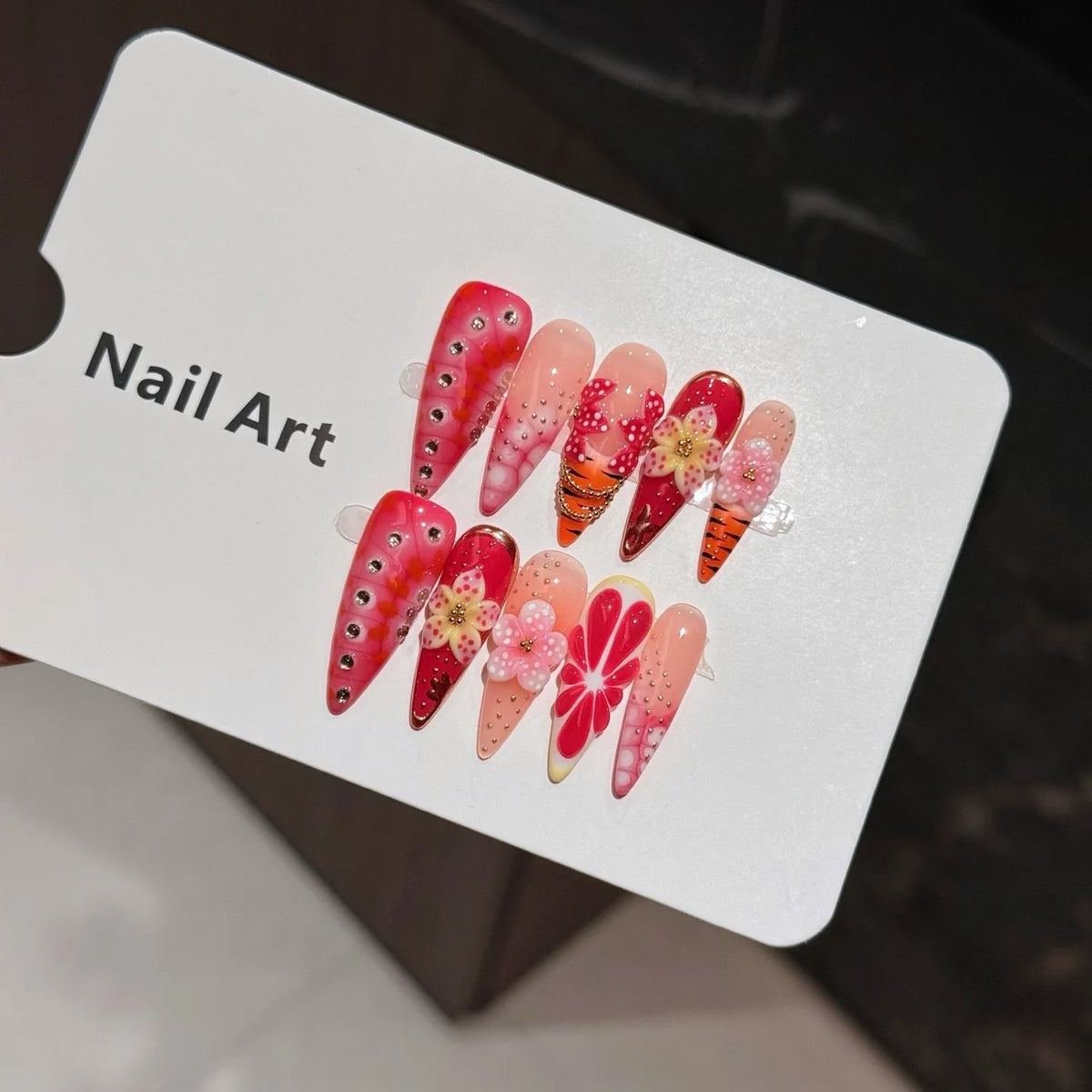 Press-On Nail Set Floral Long Almond Reusable