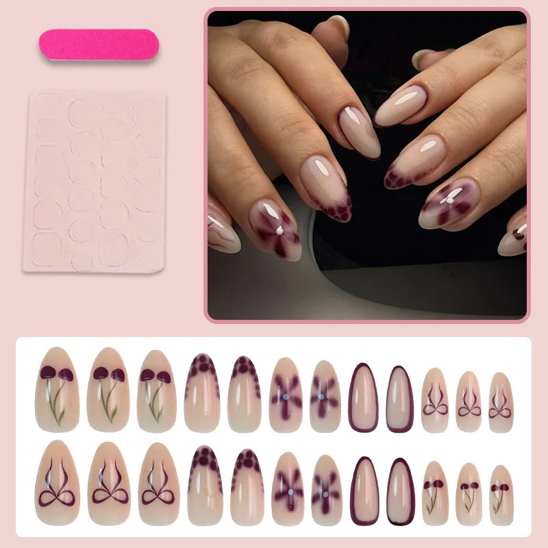 Press-On Nail Set Floral Marble With Glue