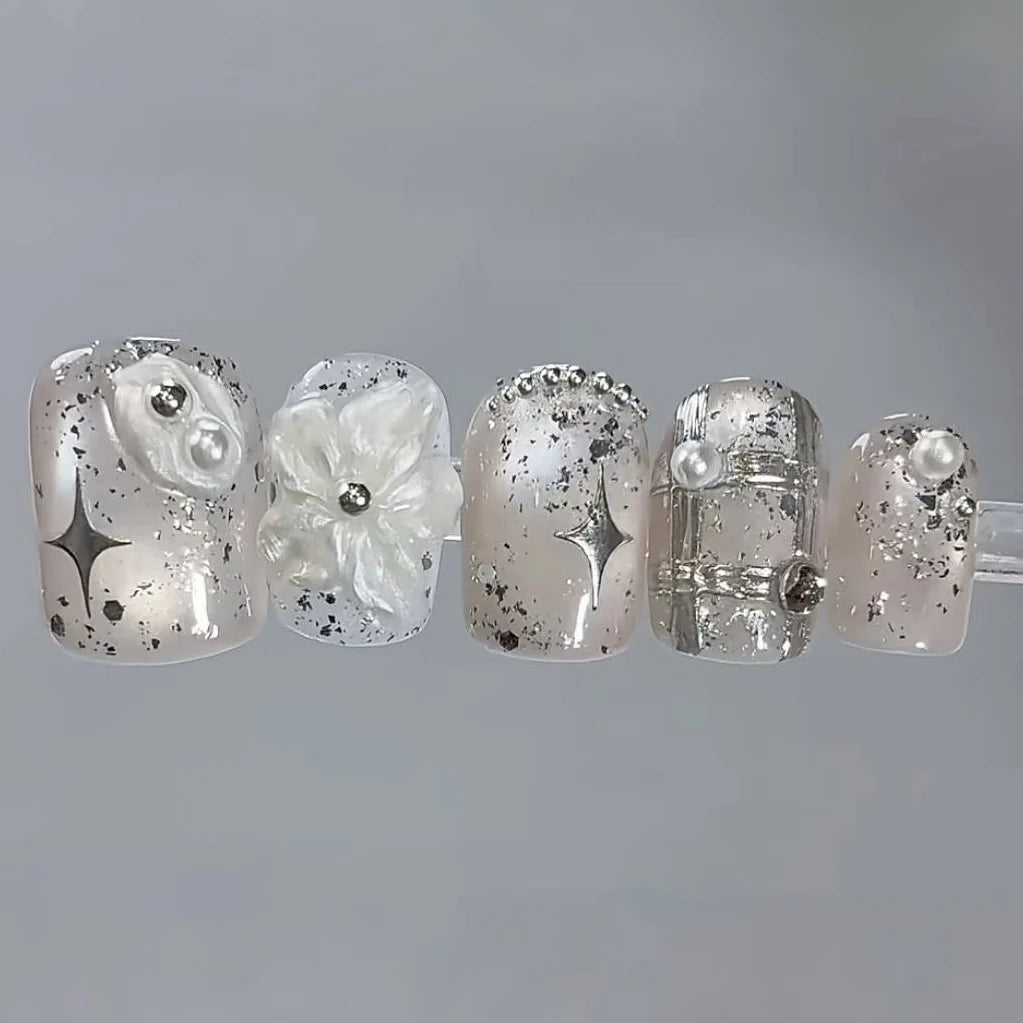 Press-On Nail Set Floral Metallic Accents Adhesive Backing