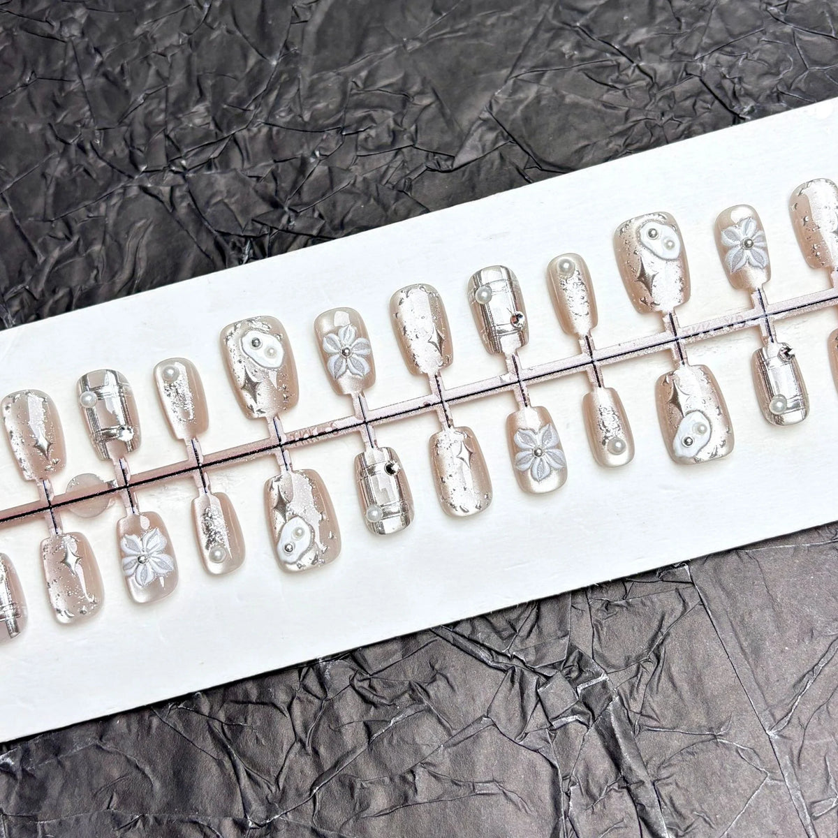 Press-On Nail Set Floral Metallic Accents Adhesive Backing