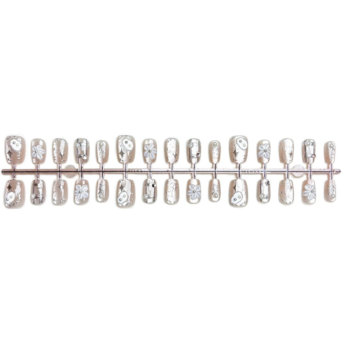 Press-On Nail Set Floral Metallic Accents Adhesive Backing