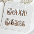 Press-On Nail Set Floral Metallic Accents Adhesive Backing