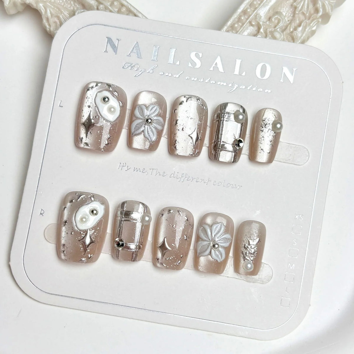 Press-On Nail Set Floral Metallic Accents Adhesive Backing