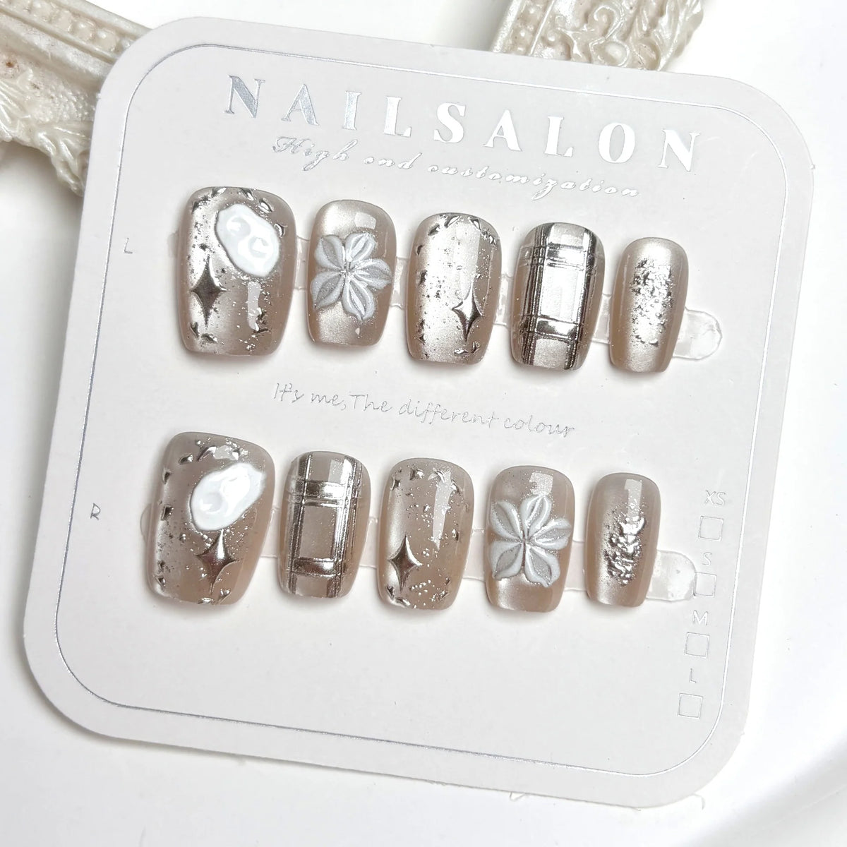 Press-On Nail Set Floral Metallic Accents Adhesive Backing