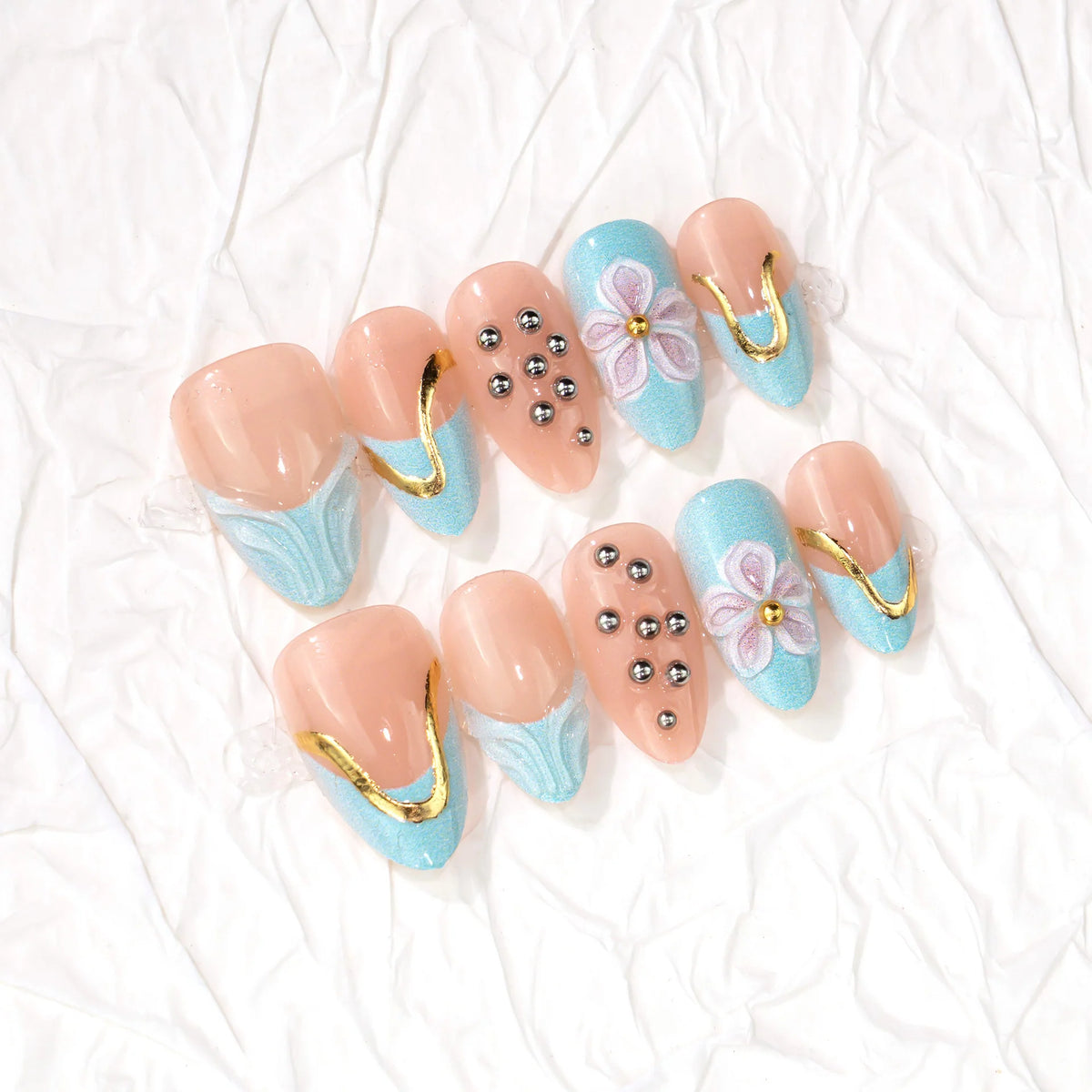 Press-On Nail Set Floral & Metallic Accents Non-Toxic