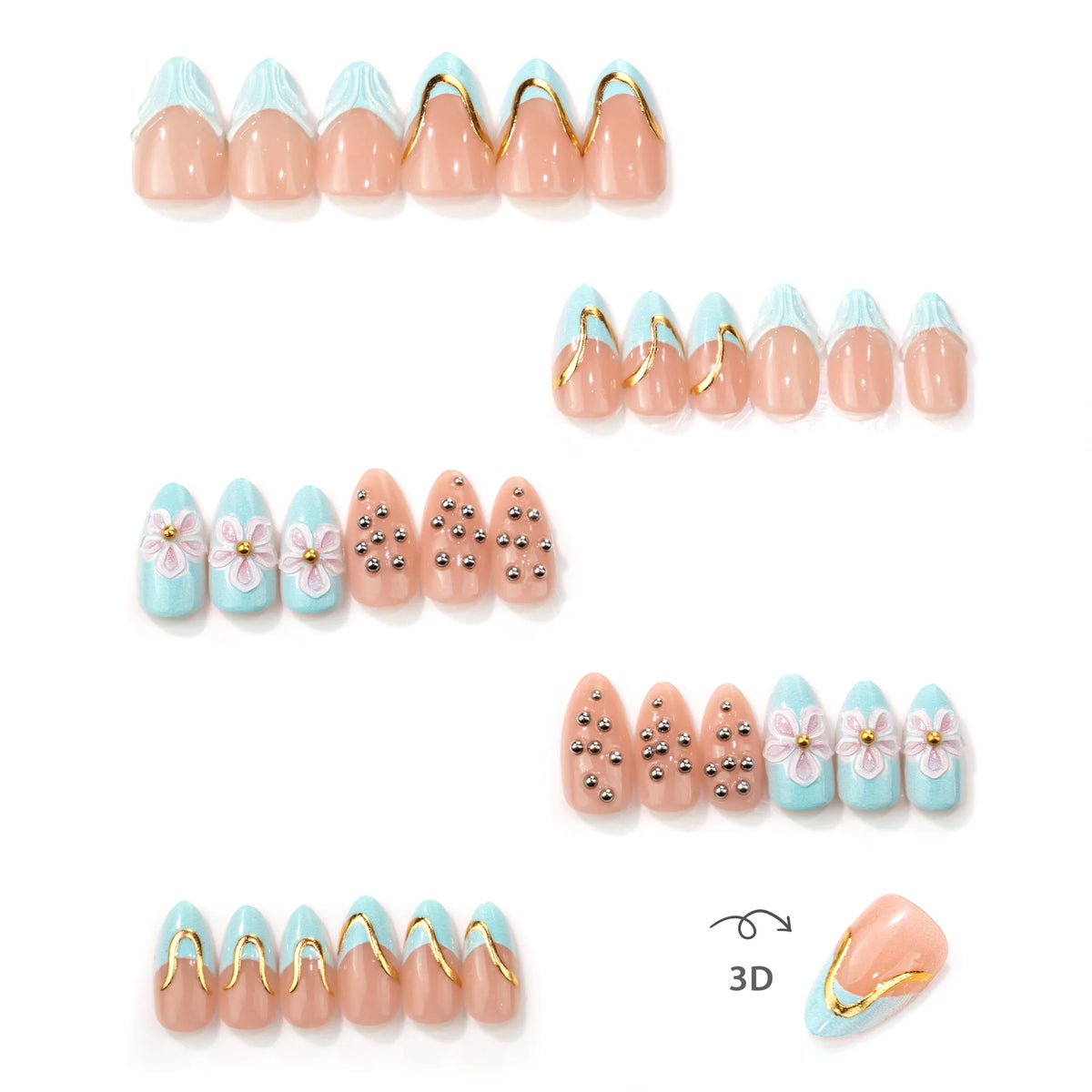 Press-On Nail Set Floral & Metallic Accents Non-Toxic