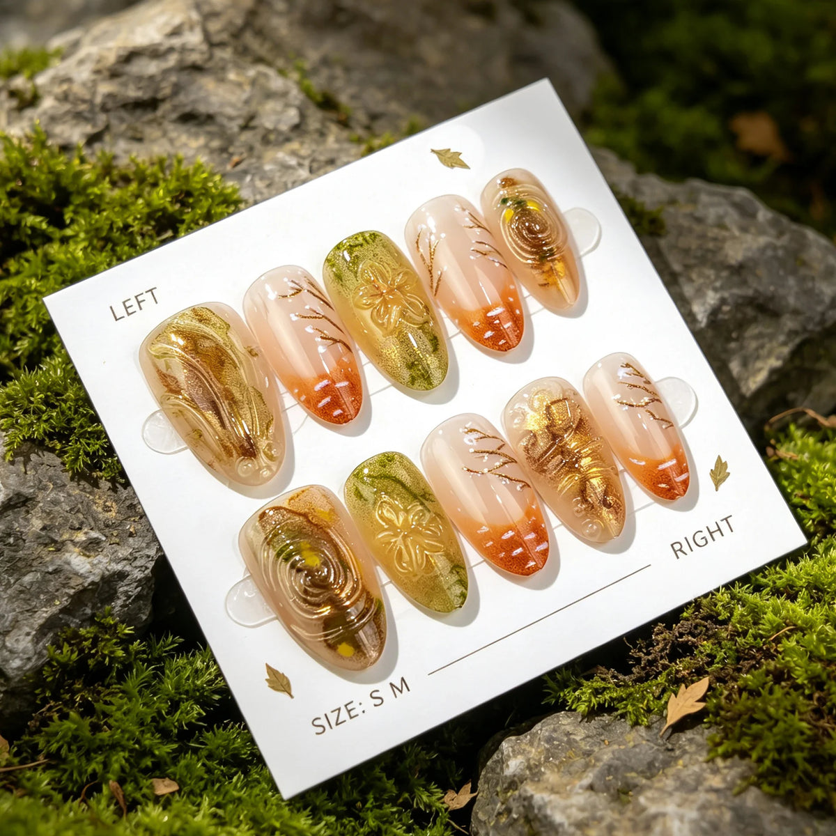 Press-On Nail Set Floral & Metallic Adhesive-Backed