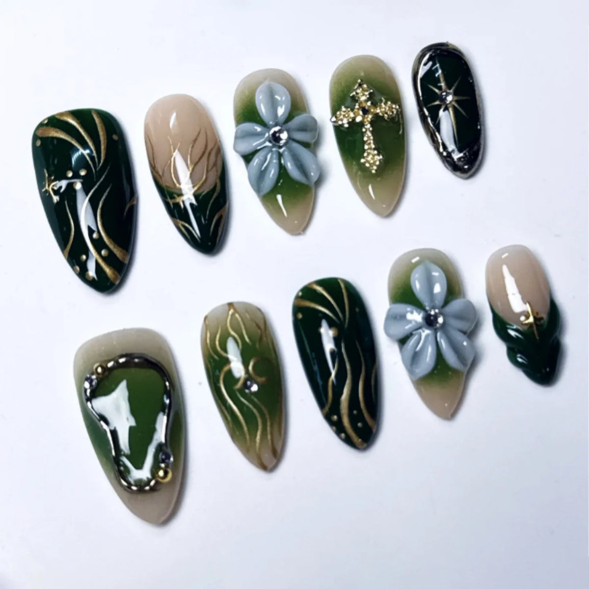 Press-On Nail Set Floral & Metallic Adhesive Backing