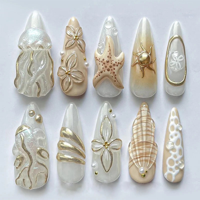 Press-On Nail Set Floral & Metallic Designs Strong Adhesive