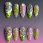 Press-On Nail Set Floral Metallic Green Peel-And-Stick