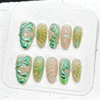 Press-On Nail Set Floral Metallic Green Peel-And-Stick
