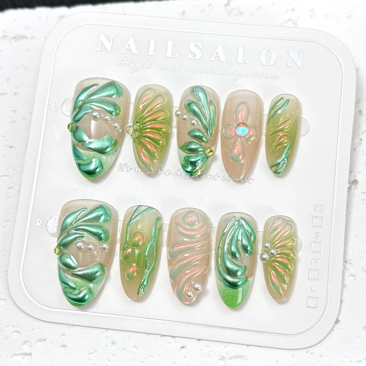 Press-On Nail Set Floral Metallic Green Peel-And-Stick