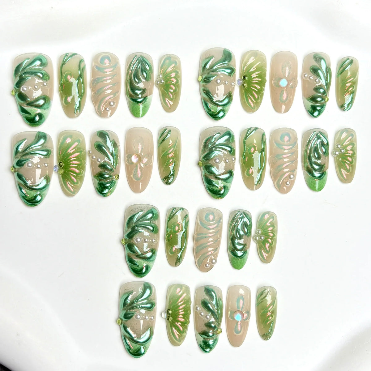 Press-On Nail Set Floral Metallic Green Peel-And-Stick