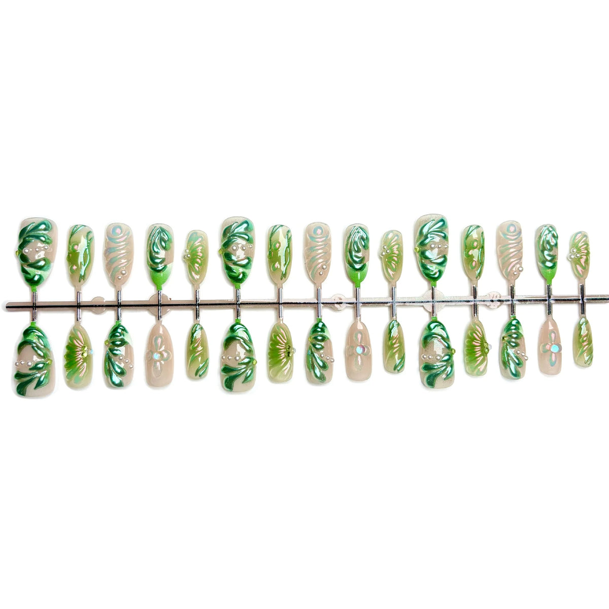 Press-On Nail Set Floral Metallic Green Peel-And-Stick