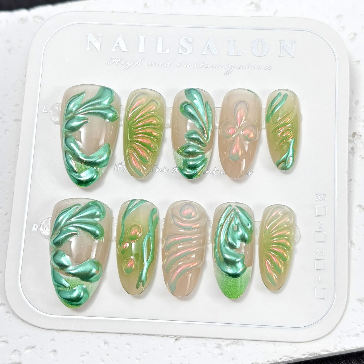 Press-On Nail Set Floral Metallic Green Peel-And-Stick
