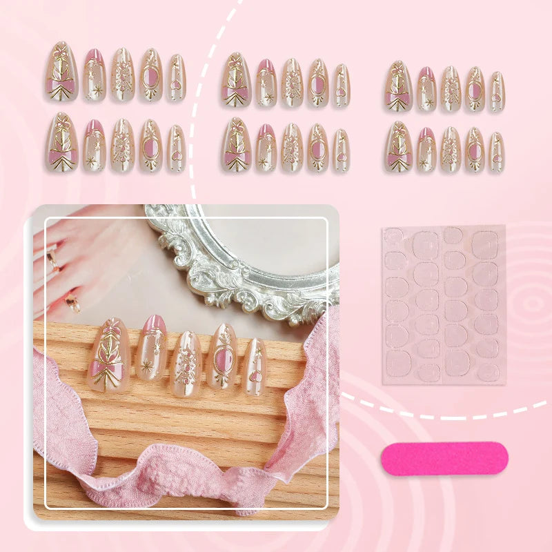 Press-On Nail Set Floral & Metallic Long-Lasting