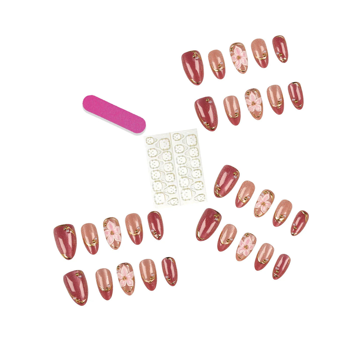 Press-On Nail Set Floral Metallic Salon-Quality