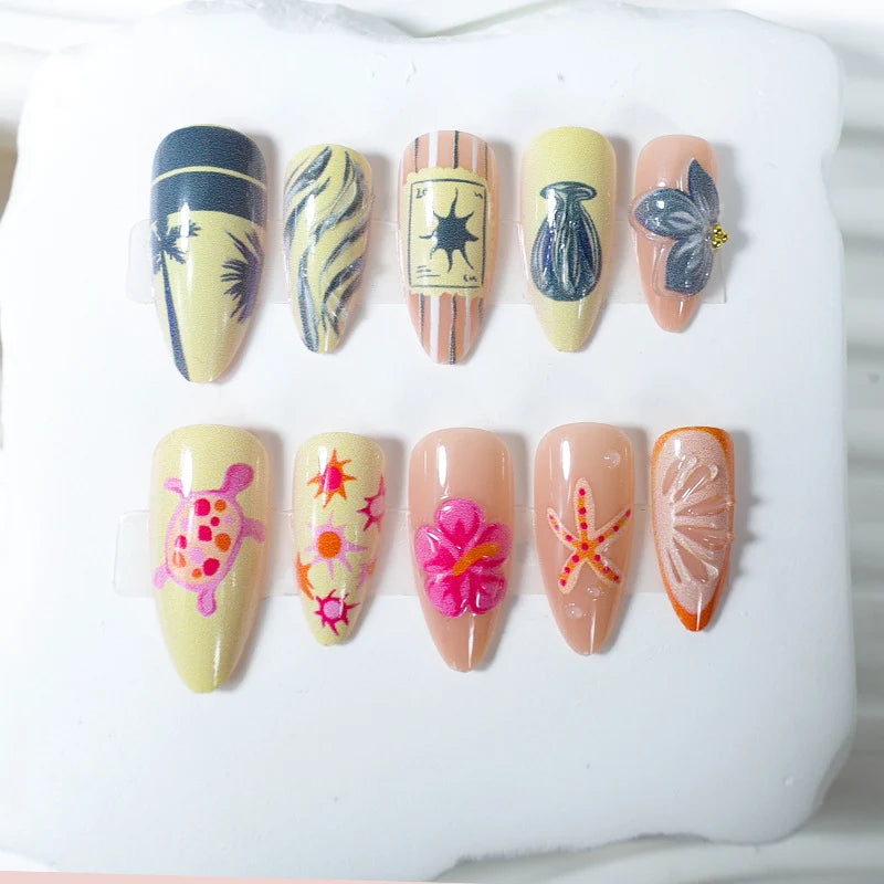 Press-On Nail Set Floral & Nautical Designs Easy Application
