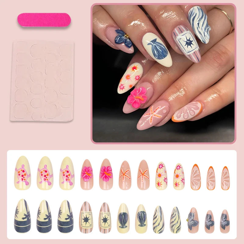 Press-On Nail Set Floral & Nautical Designs Easy Application