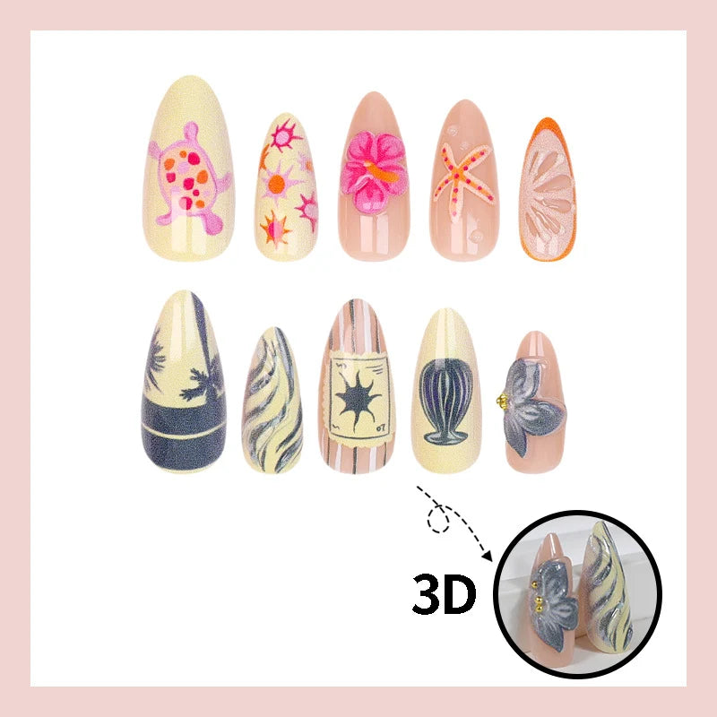 Press-On Nail Set Floral & Nautical Designs Easy Application