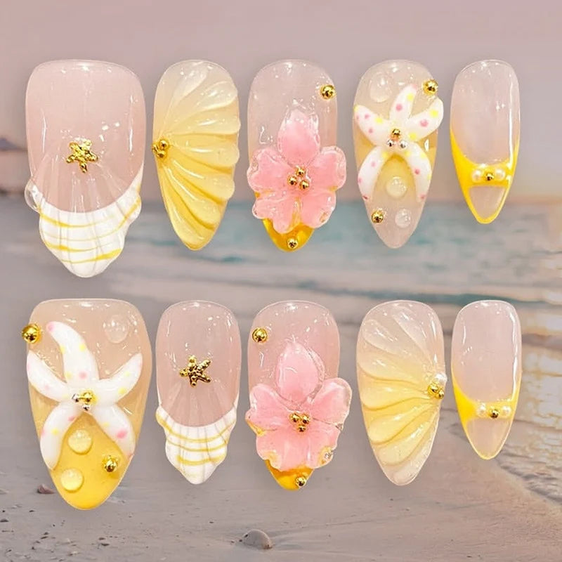 Press-On Nail Set Floral & Nautical Includes Adhesive Strips