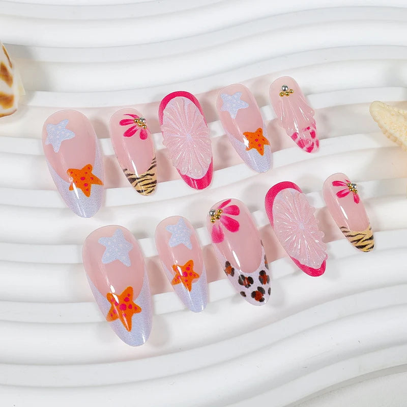 Press-On Nail Set Floral & Nautical Strong Adhesion