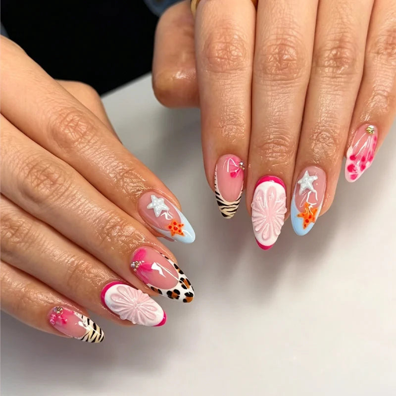 Press-On Nail Set Floral & Nautical Strong Adhesion