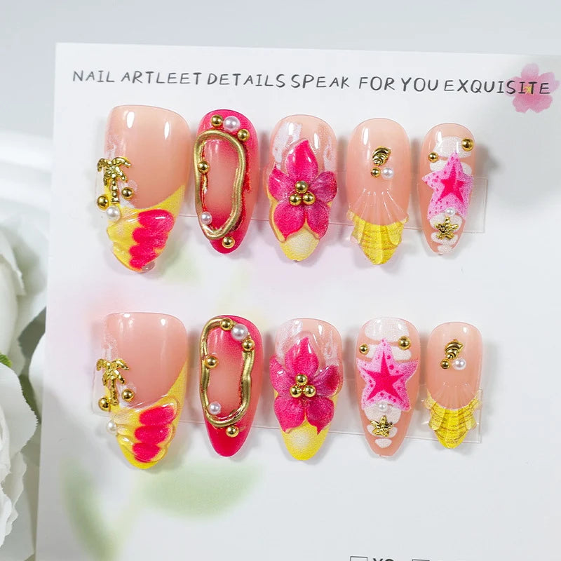 Press-On Nail Set Floral Pattern Rhinestone Accents Easy Apply