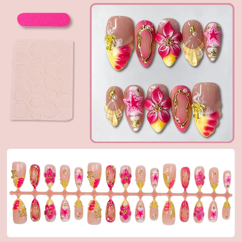 Press-On Nail Set Floral Pattern Rhinestone Accents Easy Apply