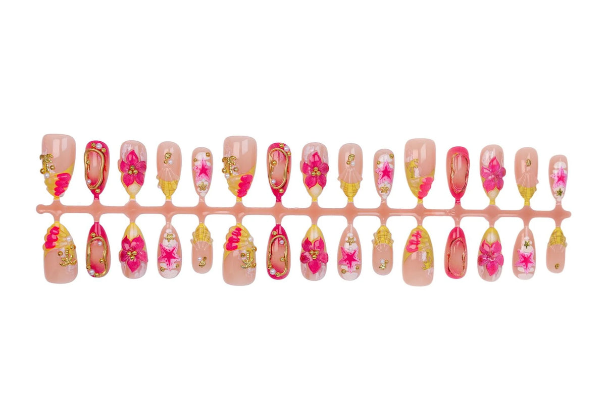 Press-On Nail Set Floral Pattern Rhinestone Accents Easy Apply