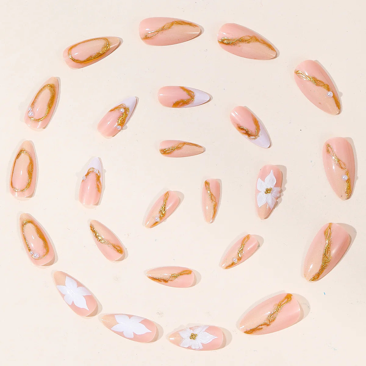 Press-On Nail Set Floral & Pearl Accent Universal Fit