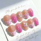 Press-On Nail Set Floral Pearl Accents Reusable