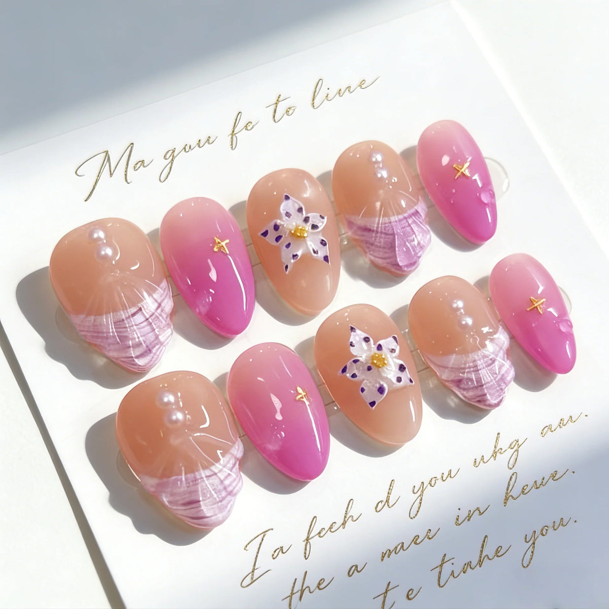 Press-On Nail Set Floral Pearl Accents Reusable