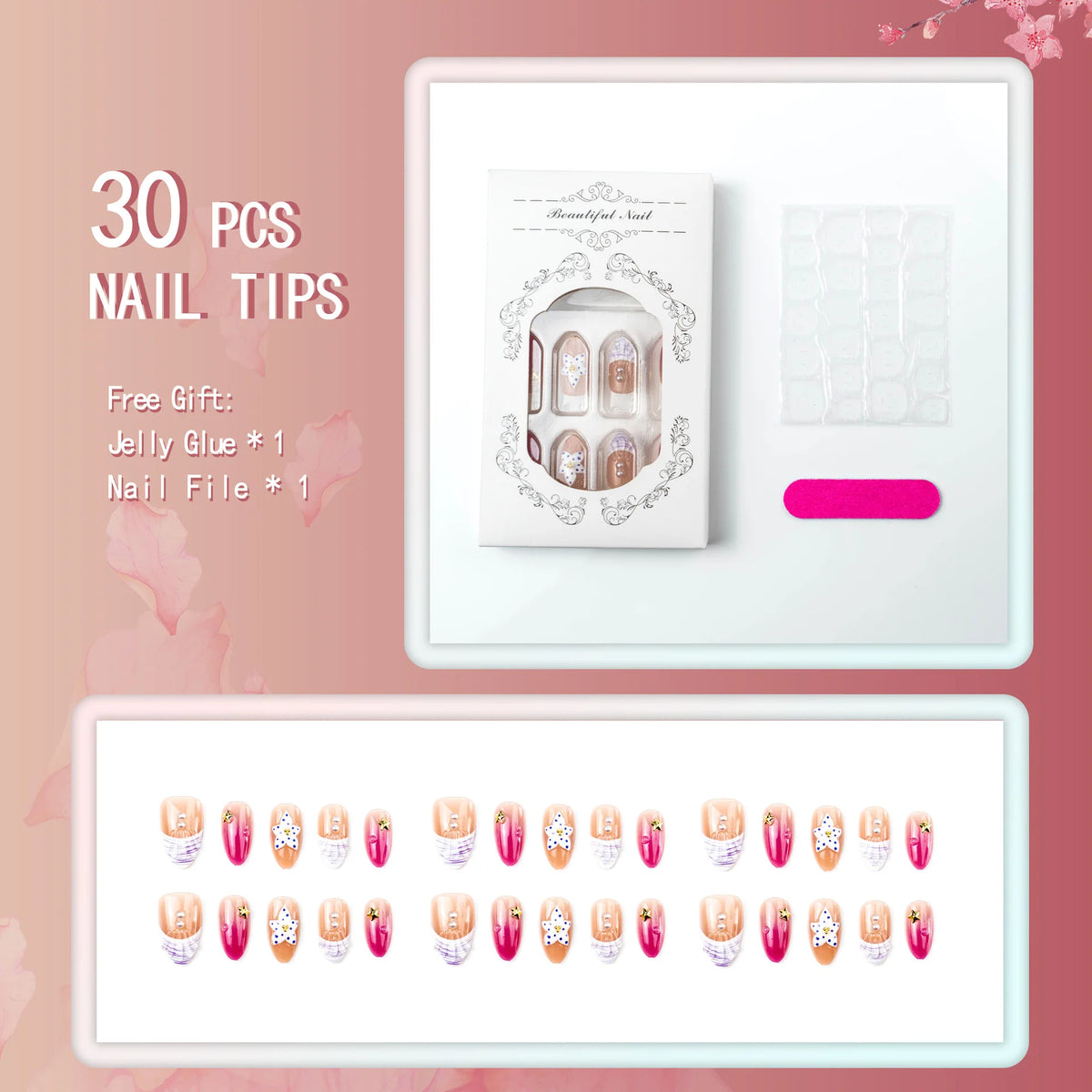Press-On Nail Set Floral Pearl Accents Reusable