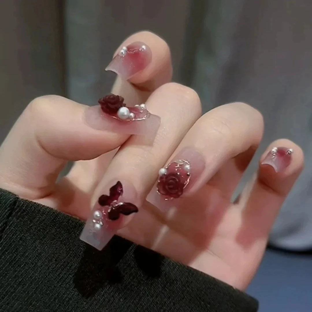 Press-On Nail Set Floral & Pearl Embellished Easy Application