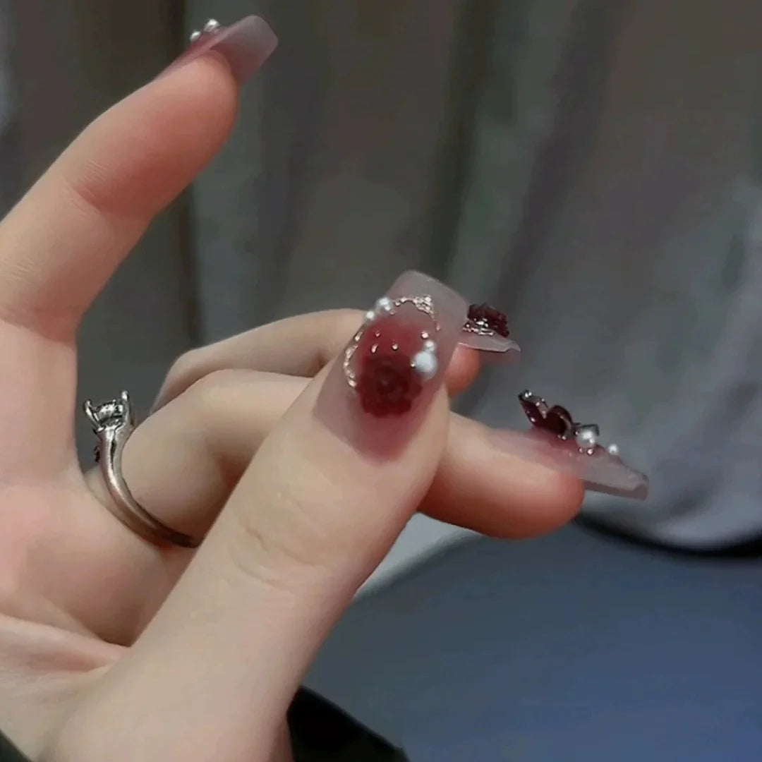 Press-On Nail Set Floral & Pearl Embellished Easy Application