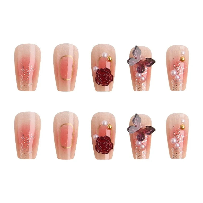 Press-On Nail Set Floral & Pearl Embellished Easy Application